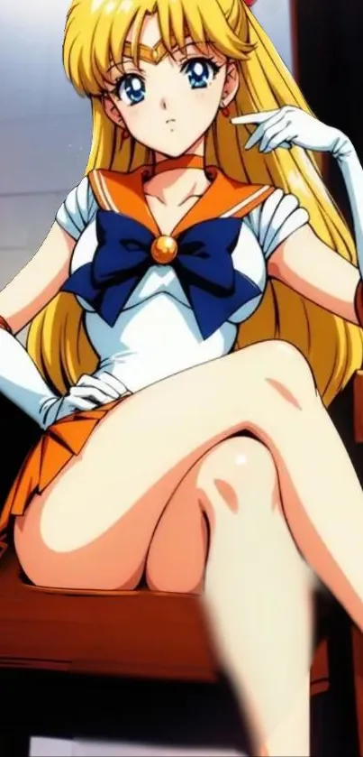 Sailor character sitting confidently in anime-style art with vibrant colors.