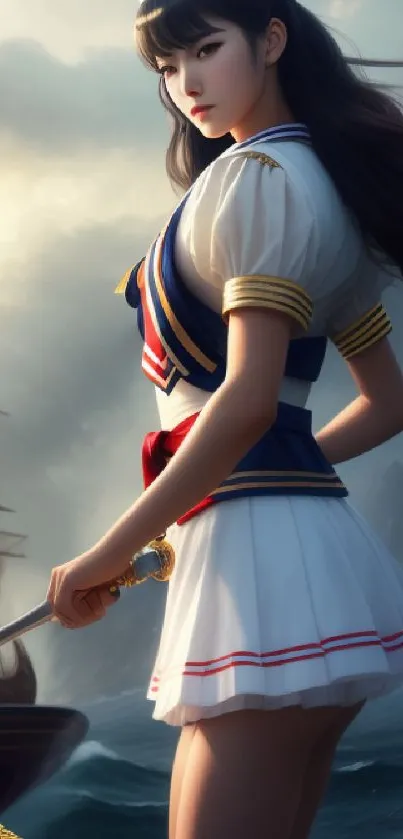 Sailor girl with sword stands against a stormy ocean and ship.