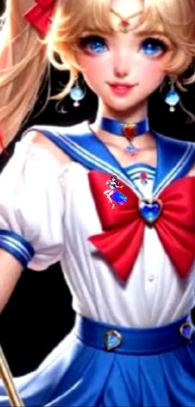 Anime art featuring sailor-style character with red and blue colors.