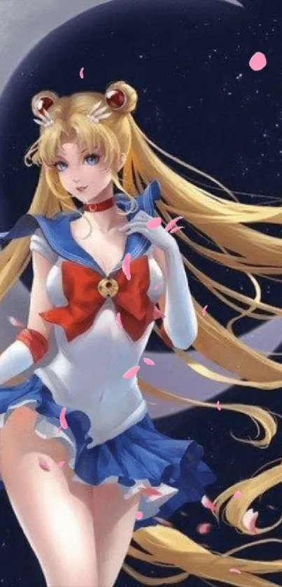 Sailor Moon against a starry navy blue night sky with a crescent moon.