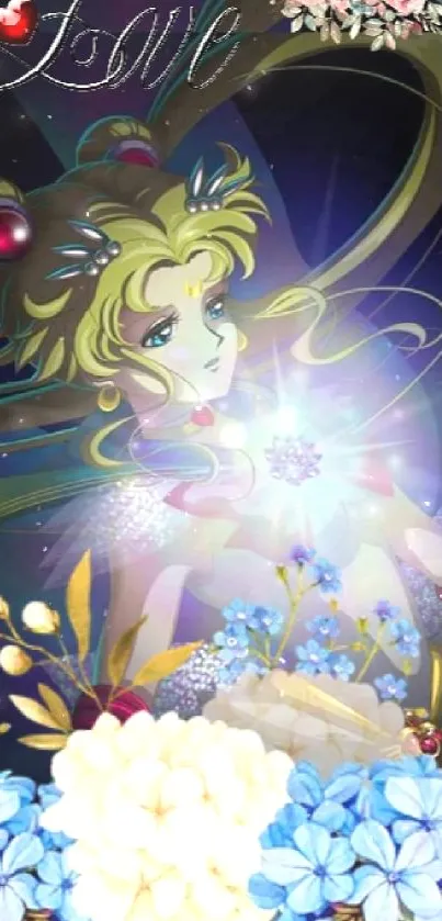 Sailor Moon wallpaper with flowers and glowing effects.