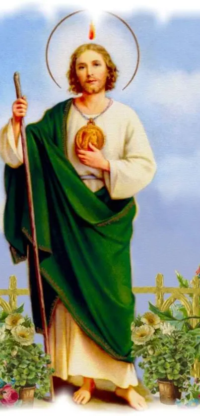 Saint Jude depicted in vibrant religious artwork with green robe.