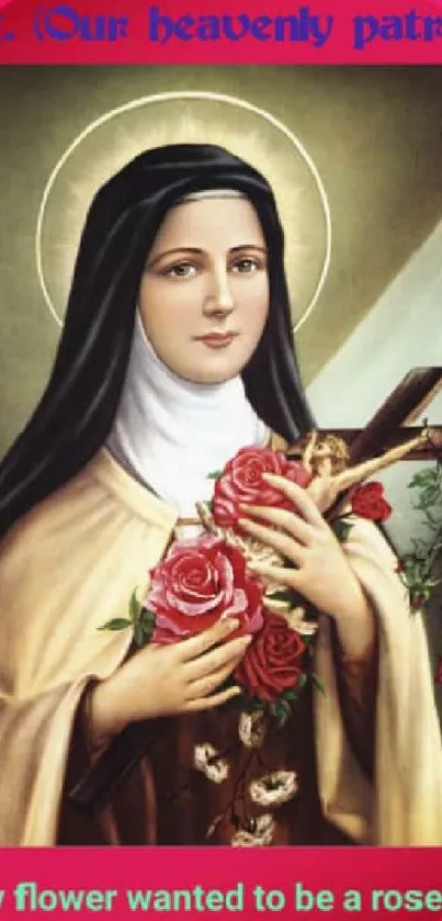 Saint Teresa of Lisieux holding flowers, celebrating her feast day.