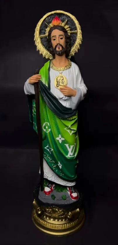 Saintly figure with green robe against dark background.