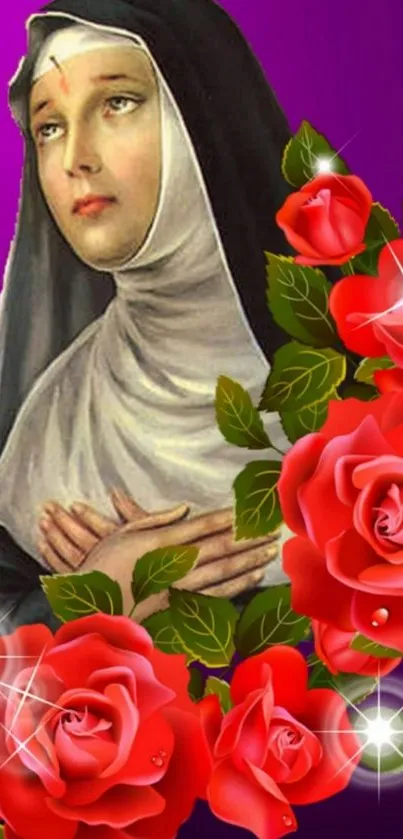 Saint Rita with red roses on purple wallpaper.