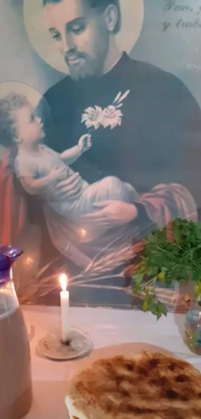 Saintly scene with a candle, bread, and spiritual artwork.