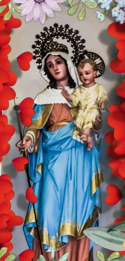 Saintly mother with child in vibrant floral frame.