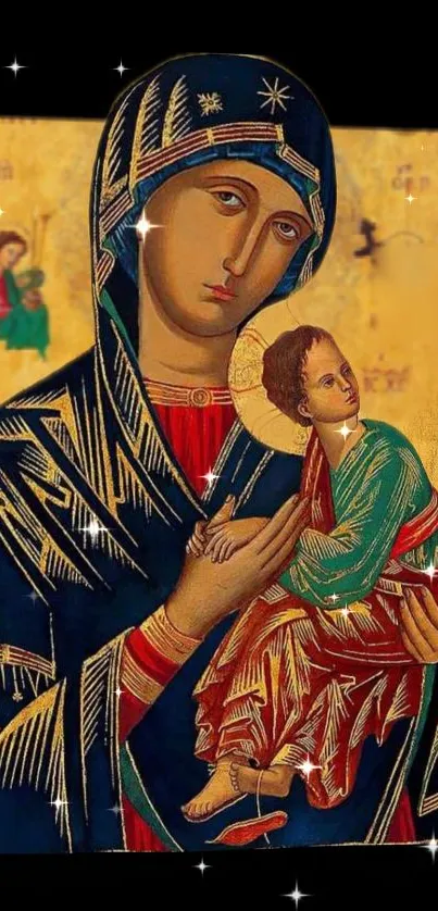 Iconic depiction of a saintly mother and child with vibrant golden accents.