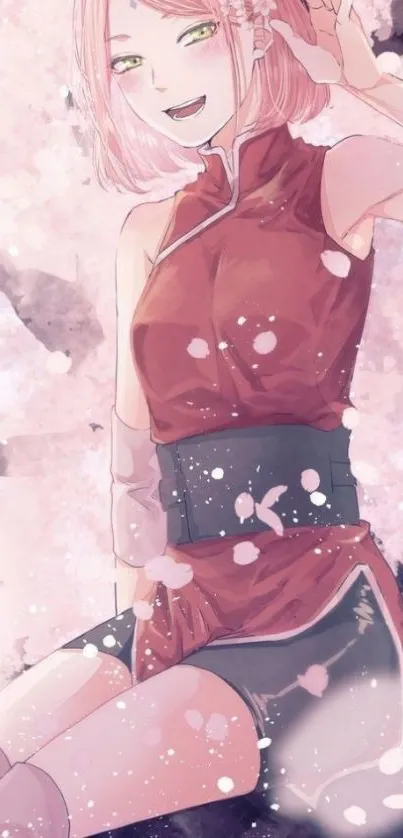 Anime character Sakura with cherry blossoms in pink hues.