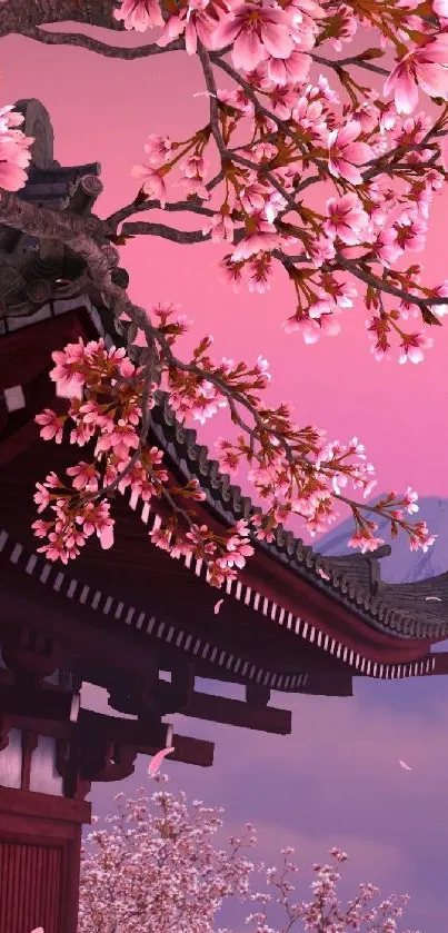 Japanese temple with cherry blossoms and pink sky backdrop.