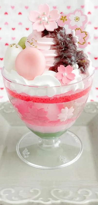 Sakura-themed dessert in glass with cherry blossoms.