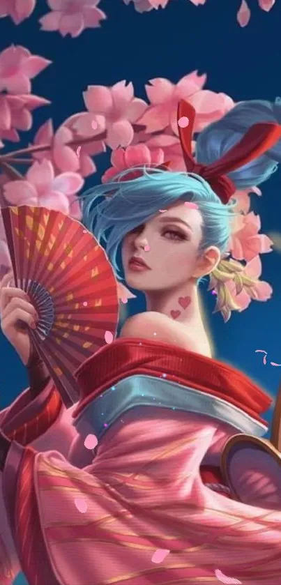 Anime character with blue hair under cherry blossoms.