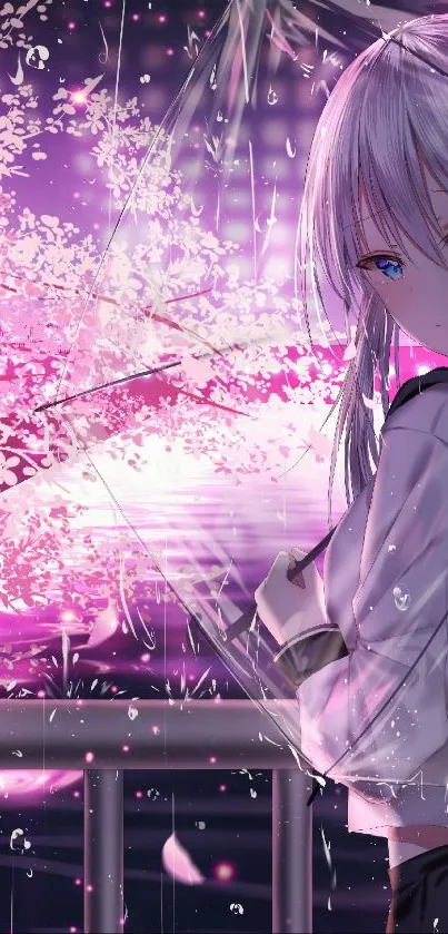 Anime girl under sakura trees at night.