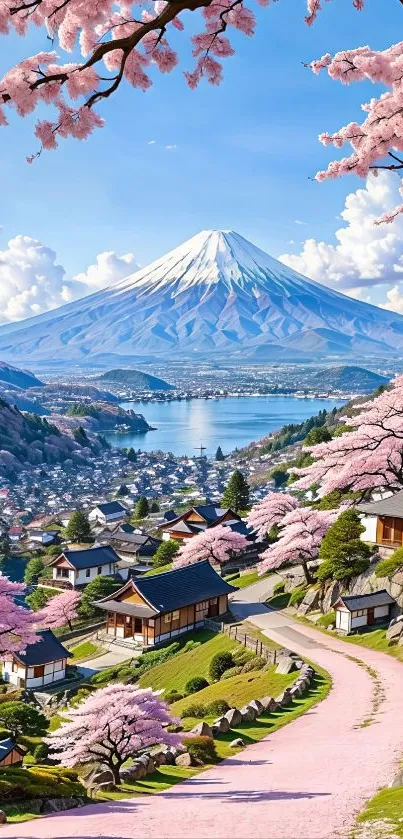 Sakura-lined path leading to Mount Fuji under a bright blue sky.