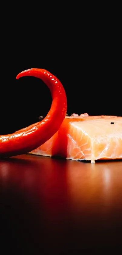 Close-up of fresh salmon and red chili on a black background.