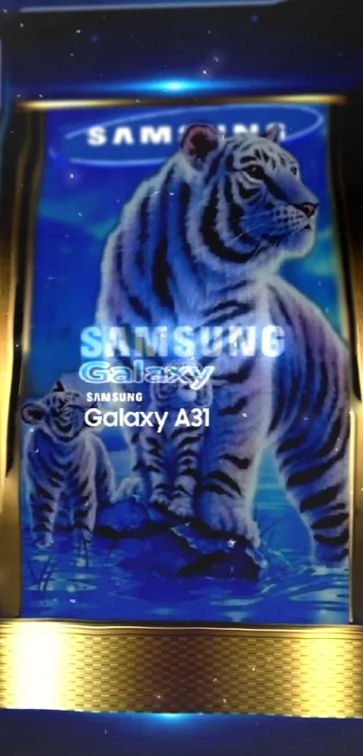 Samsung Galaxy A31 wallpaper with blue tiger artwork.