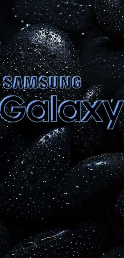 Elegant Samsung Galaxy wallpaper with black stones and water droplets.