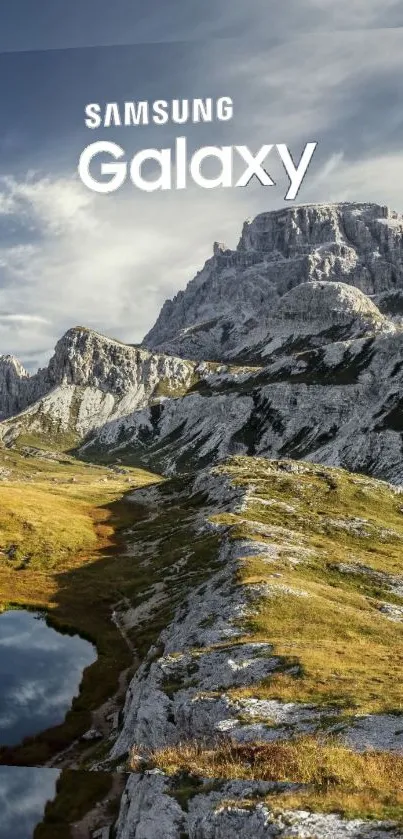 Samsung Galaxy wallpaper featuring mountain scenery and reflection.