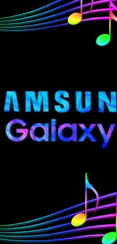 Samsung Galaxy wallpaper with colorful music notes on black background.