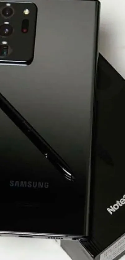 Samsung Galaxy Note20 Ultra with stylus in black finish on box.