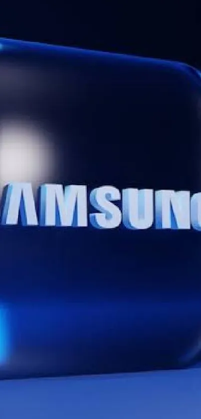 Samsung logo with neon blue background and sleek design.