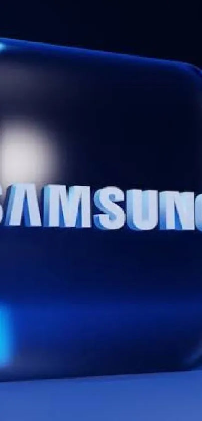 Neon blue Samsung logo on dark background.