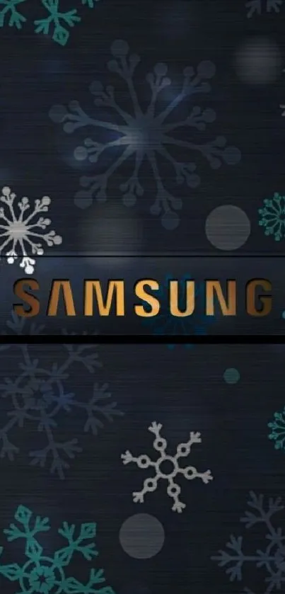 Samsung wallpaper with snowflake patterns on a dark background.