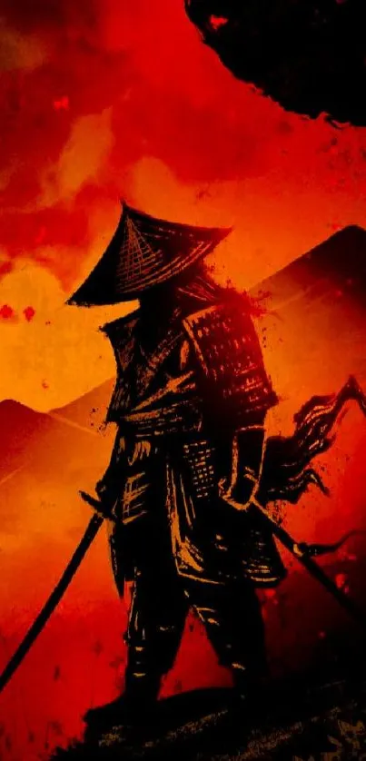 Silhouette of a samurai warrior at sunset.