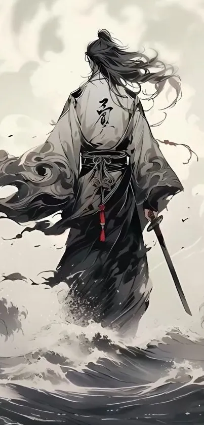 Samurai stands amidst crashing ocean waves, holding a sword.