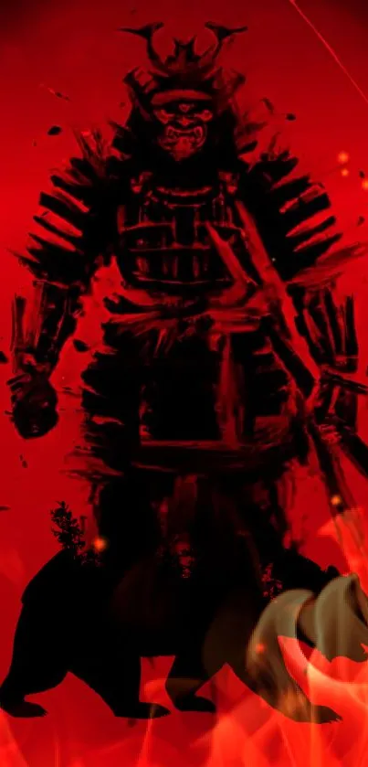 Samurai and bear silhouette on fiery red background mobile wallpaper.