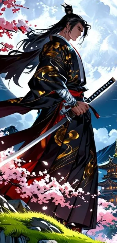 Samurai stands under moonlit cherry blossoms with a sword.