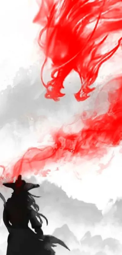 Samurai silhouette facing a red dragon in artistic wallpaper.