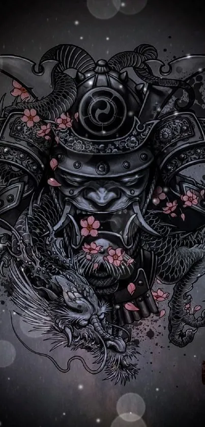 Samurai and dragon artwork wallpaper with cherry blossoms.