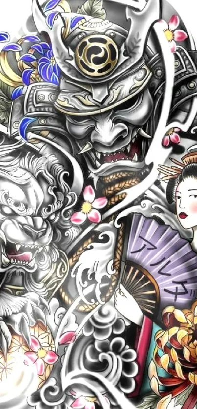 Samurai and geisha traditional artwork wallpaper.