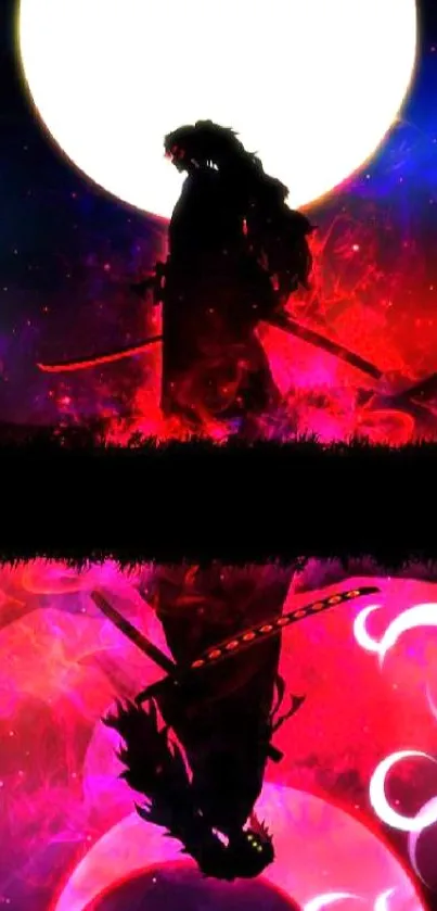 Samurai silhouette under moonlight, vibrant red cosmic theme.