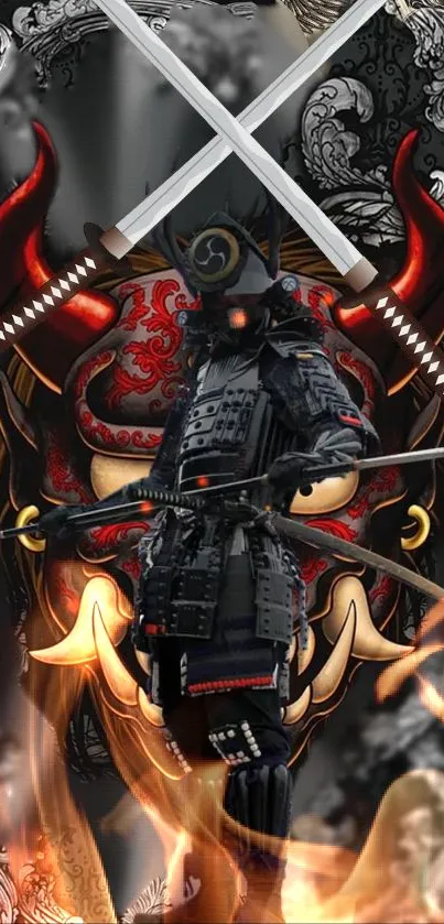 Samurai in black armor with swords before a fiery oni mask on wallpaper.