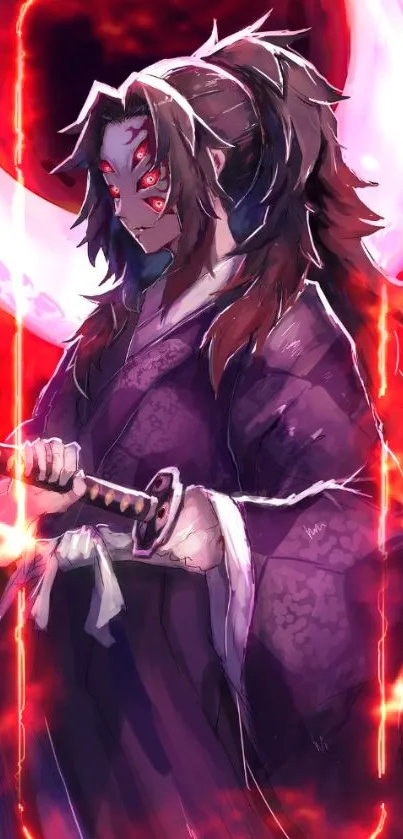 Anime style samurai holding sword with red flames.