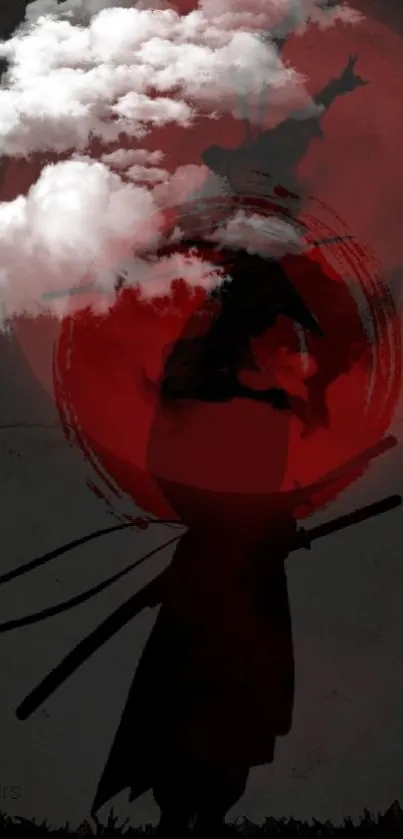 Silhouetted samurai with red moon background on mobile wallpaper.