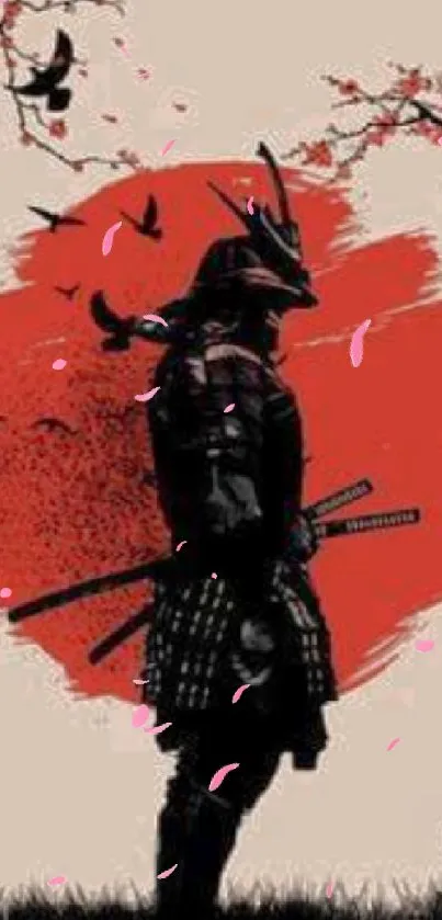 Silhouette of a samurai with a red sun and birds in Japanese art style.