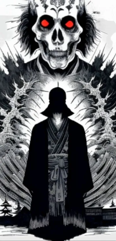 Samurai standing before a dramatic skull background in fantasy art.