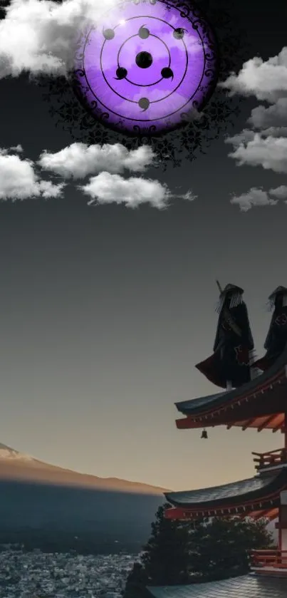 Samurai stand beneath a purple moon in a mystical Japanese landscape.