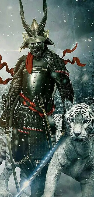 Samurai warrior standing with a white tiger in a snowy landscape.