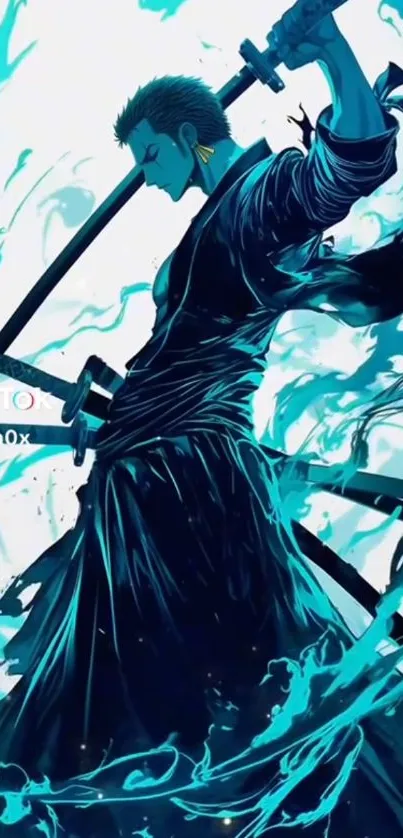 Anime samurai with katanas in blue energy.