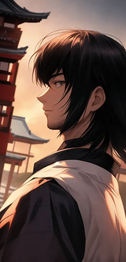 Anime samurai character with Japanese architecture at sunset background.