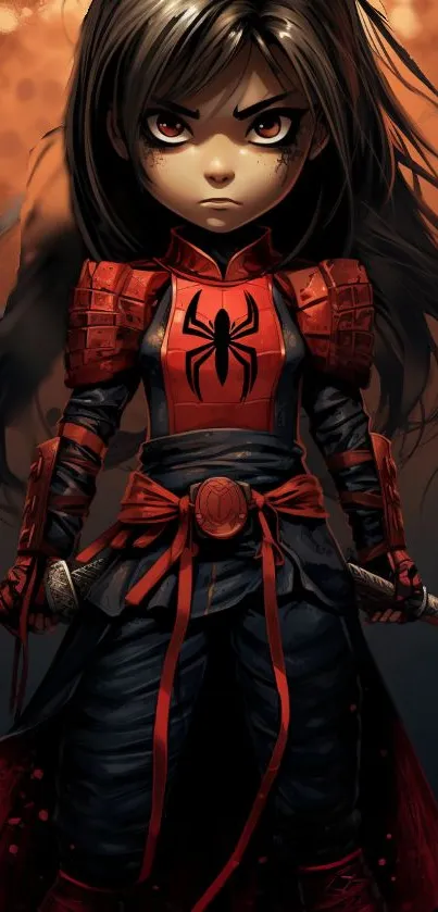 Anime samurai hero standing in dark red hues.