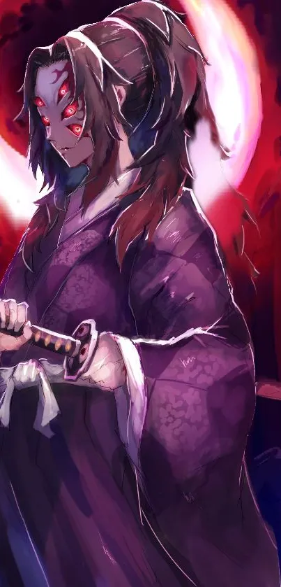 Samurai anime character with glowing eyes and sword.