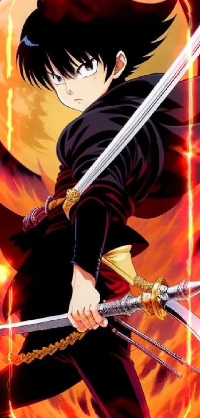 Anime samurai with sword in front of a full moon and flames.