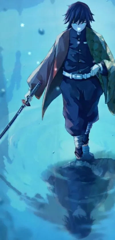 Anime samurai stands over reflective water with sword in enchanting blue hues.