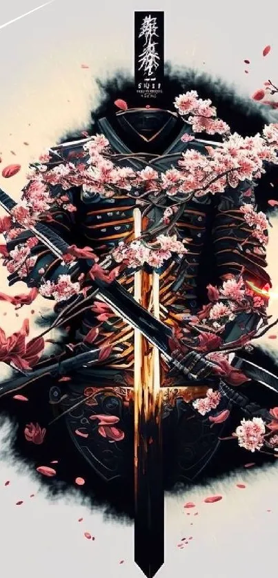 Samurai armor with cherry blossoms and swords.