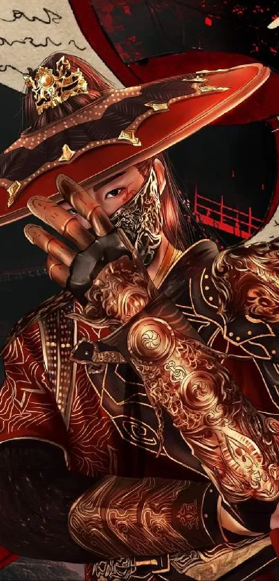 Intricate samurai warrior art with dark red hues and oriental details for mobile wallpaper.